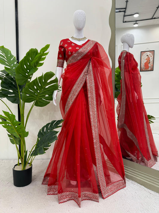 Red Color Diamond Work Organza Silk Saree