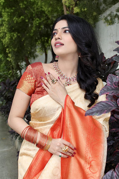 Cream Kanjivaram Soft Silk Banarasi Saree