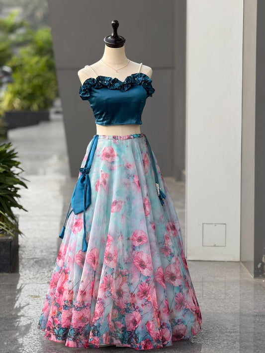 Lovely Blue Satin with Organza Silk Work Lehenga Choli
