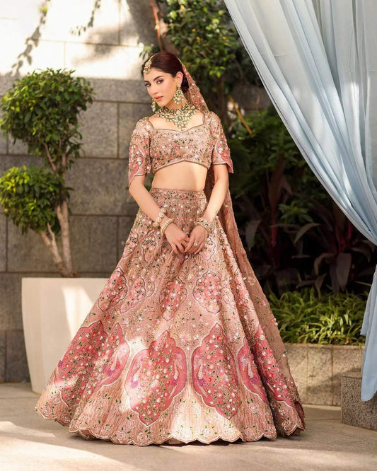 Lovely Peach Silk Embroidery Work Lehenga Choli