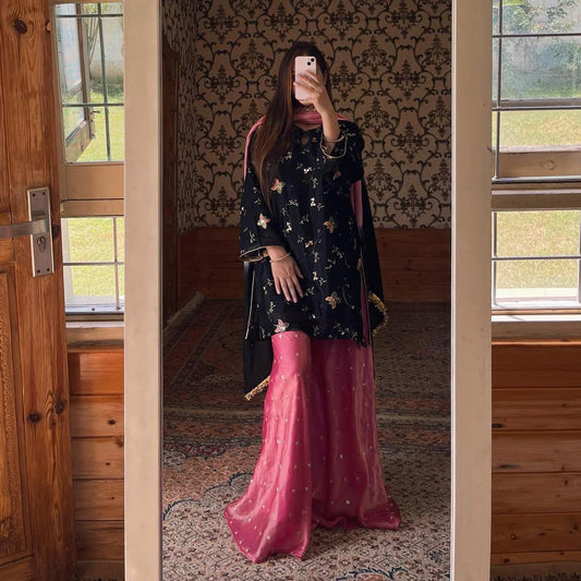 Wonderful Black Crushi Silk Sequence Work Sharara Suit