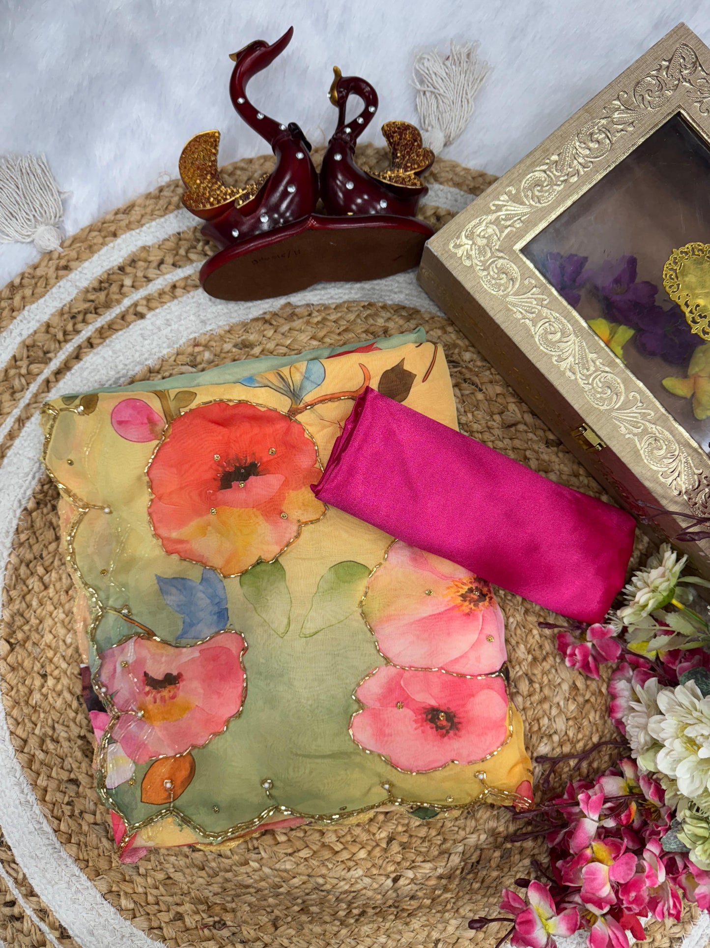 Sky Blue Flower Printed Color Silk Saree