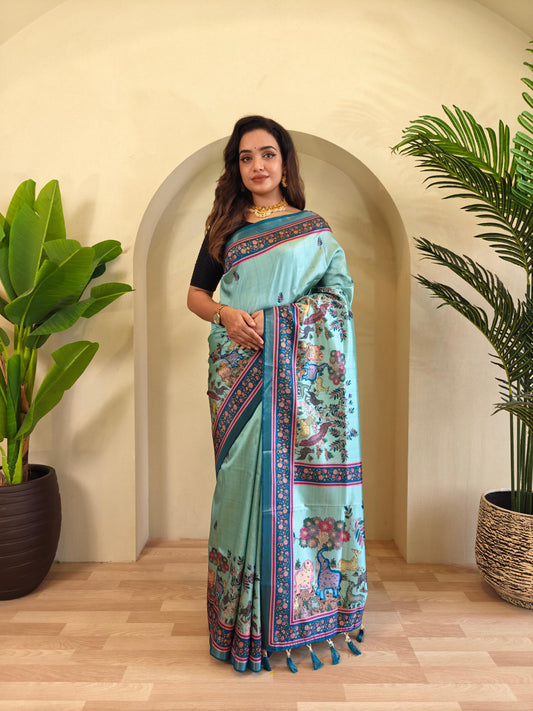Teal Blue Color Beautiful kalamkari Digital Print Saree