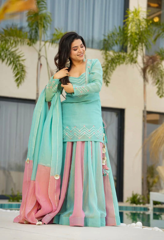 Lovely Sky Blue Silk Gota Patti Work Top With Lehenga