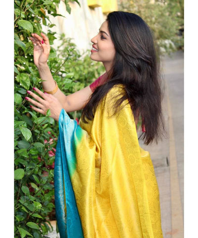 Wedding Wear Yellow Banarasi Soft Silk Saree