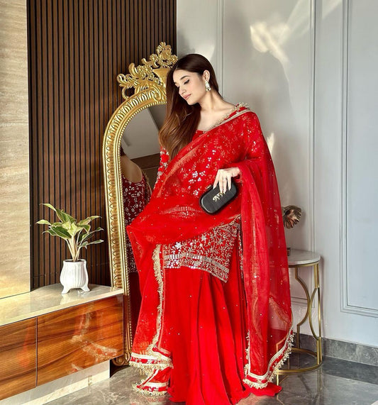 Amazing Red Embroidery Sequence Work Sharara Suit