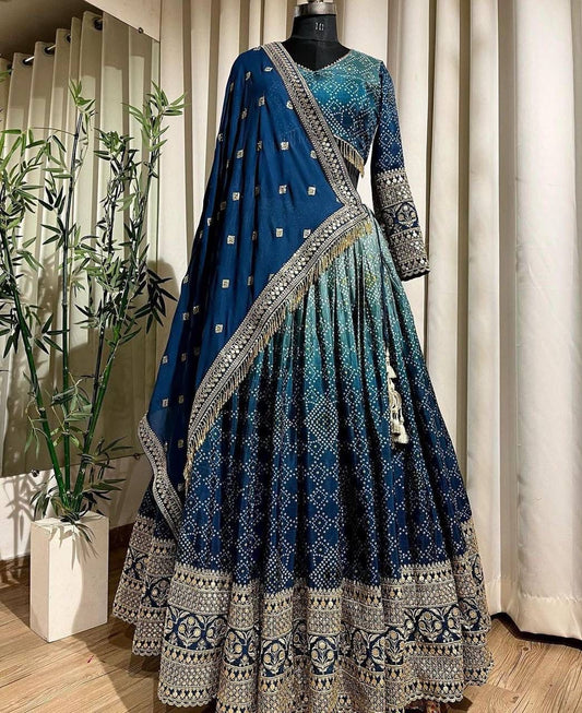 Party Wear Sky Blue Color Chinon Silk With Embroidered Sequence Work Lehenga Choli
