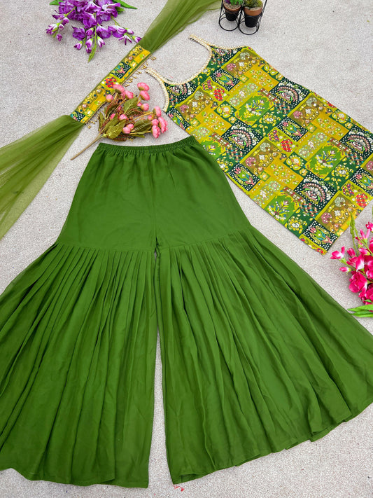 Ravishing Digital Print And Real Mirror Perrot Color Sharara Suit