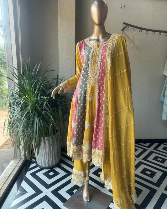 Glimmering Embroidery Full Sequences Work Yellow Color Sharara Suit