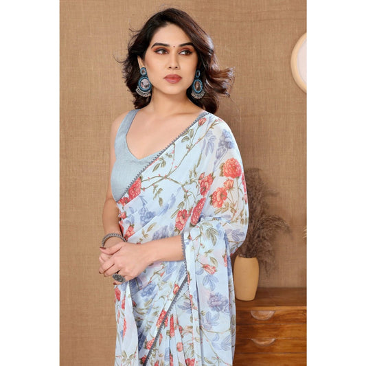 Innovative Flower Digital Print Design Sky Blue Color Ready To Wear Saree