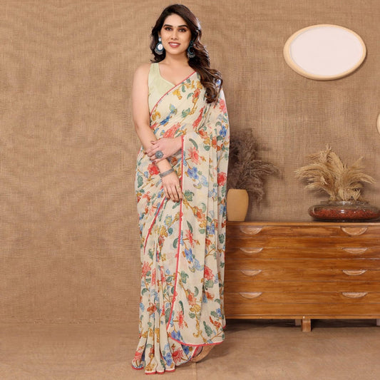 Innovative Flower Digital Print Design Cream Color Ready To Wear Saree