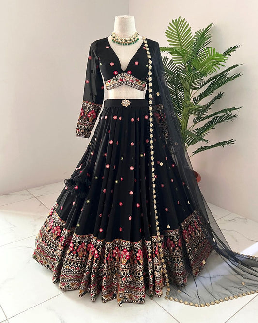 Wonderful Thread Sequence Work Black Color Lehenga Choli