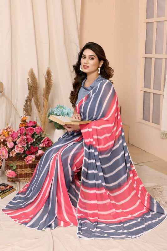 Beautiful Gray And Pink Color Laheriya Design Saree