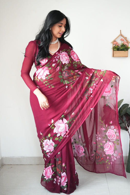 Shining Maroon Color Flower  Design Ready To Wear Saree