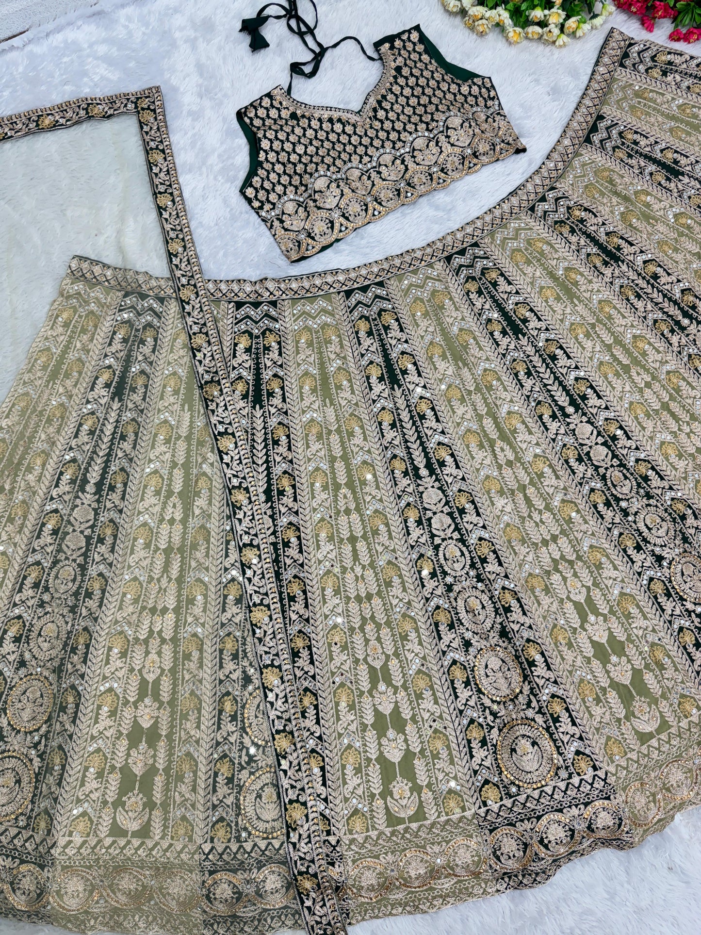 Marriage Special Pista With Black Mirror Hand Work Lehenga Choli