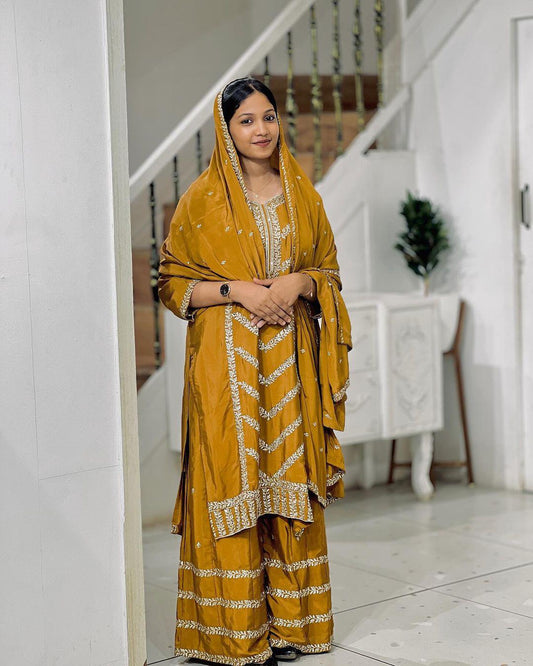 Attractive Yellow color Embroidery Sequence Work