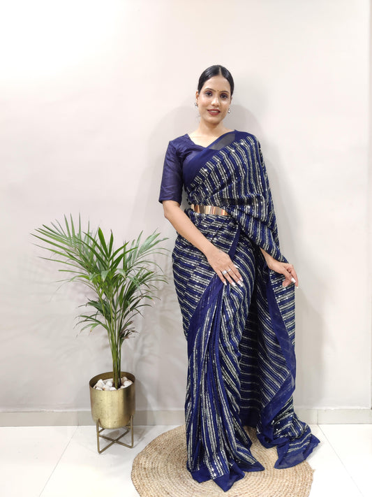 Fantastic Georgette Sequins Work Blue Color Ready To Wear Saree