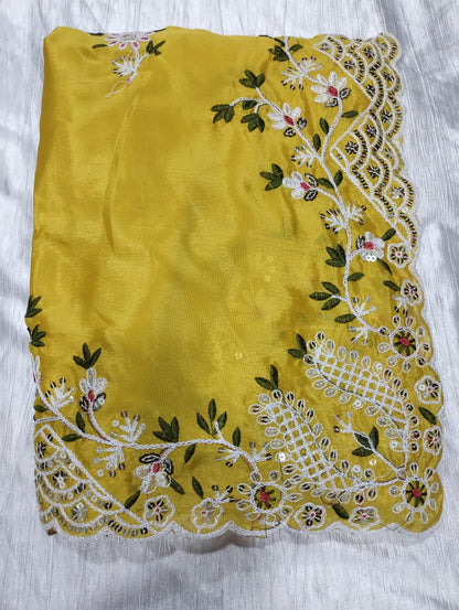 Beautiful Yellow Saree Paired With Green Embroidered Blouse