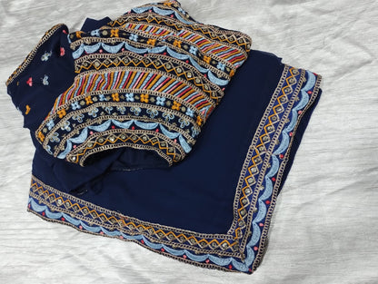Navy Blue Embroidered Saree with Designer Blouse