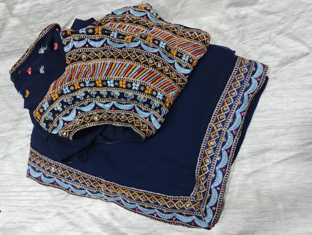 Navy Blue Embroidered Saree with Designer Blouse