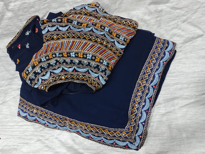 Navy Blue Embroidered Saree with Designer Blouse