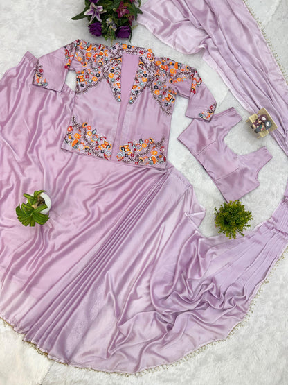 Ravishing Purple Rangoli Silk Embroidery Koti With Draped Saree