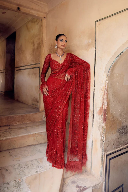 Butterfly Net Red Color Sequence Work Saree