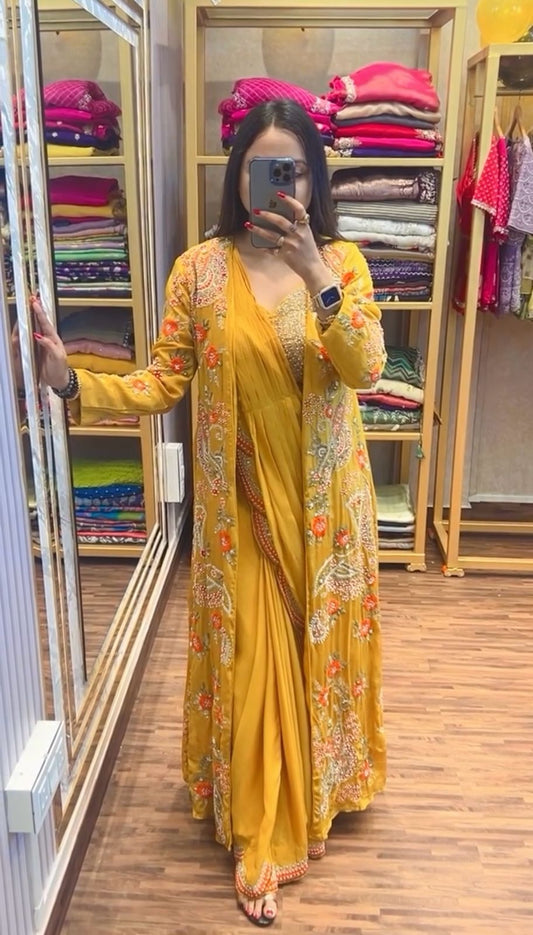 Eyes Catching Chinon Silk Yellow Color Ready To Wear Saree With Koti