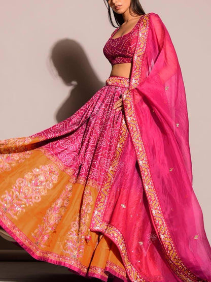 Peaceful Tapeta Silk Pink & Orange Color Lehenga Choli