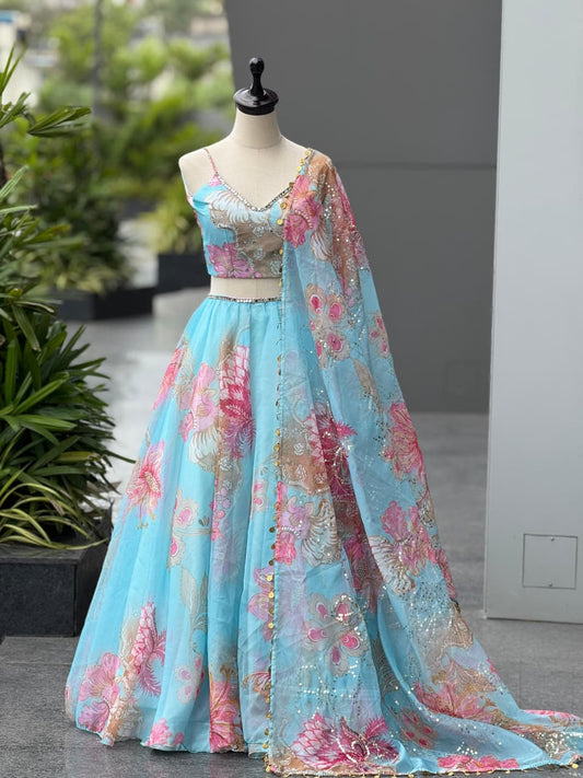 Exclusive Blue Organza Urban Embroidered Lehenga
