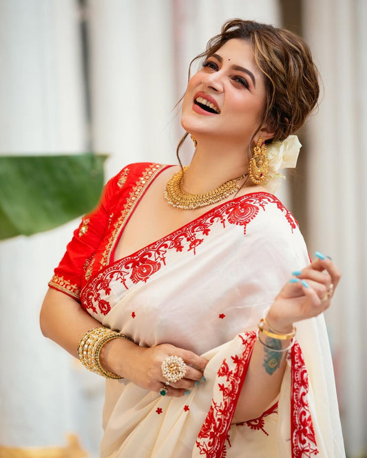 Precious White Rangoli Silk With Embroidered Saree