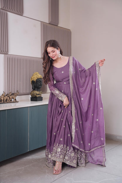 Charming Purple Heavy Diamond Silk Embroidery Work Gown