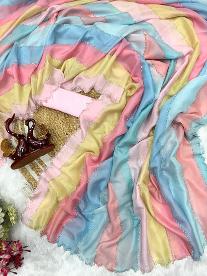 Ravishing Multicolor Beautiful Printed Tabby Silk Saree