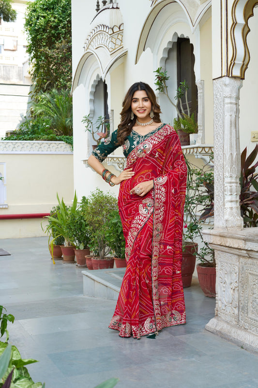 Red Color Bandhani Printed Occasion Wear Saree