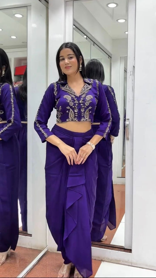 Gorgeous Purple Chinon Silk Embroidery Dhoti Suit