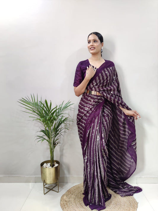 Fantastic Georgette Sequins Work Wine Color Ready To Wear Saree