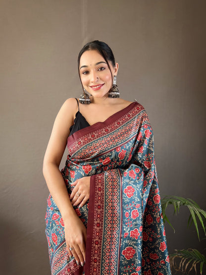 Opulent Teal Blue Color Digital Print Saree