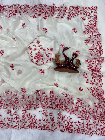 Ravishing White Color Thread Work Silk Saree