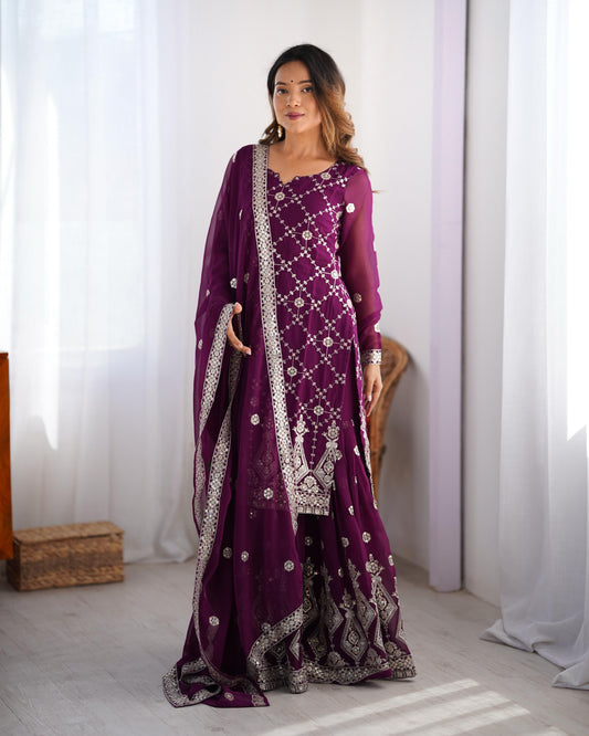 Adorable Georgette Thred Work Wine Color Sharara Suit