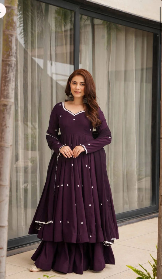 Lovely Purple Heavy Roman Silk Embroidery Anarkali Suit