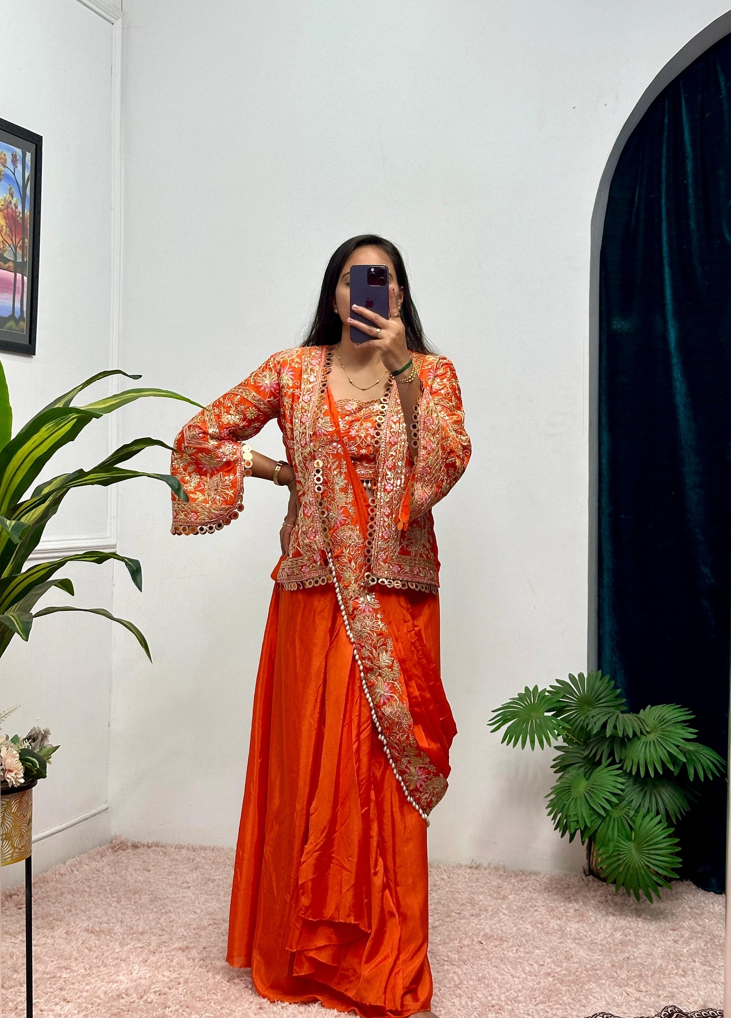 Presenting Embroidery Work Orange Color Ready To Wear Saree