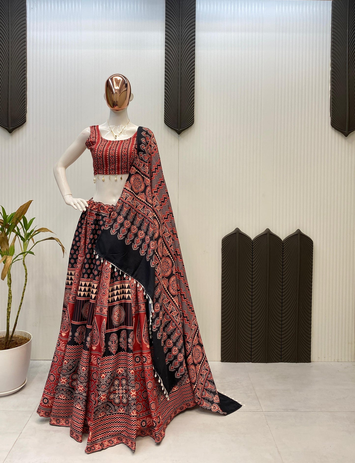 Navratri Wear Red Printed Kodi Lace Lehenga Choli