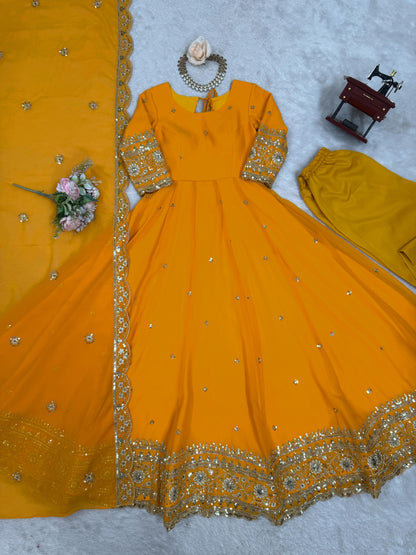 Outstanding Yellow Color Georgette Gown With Dupatta