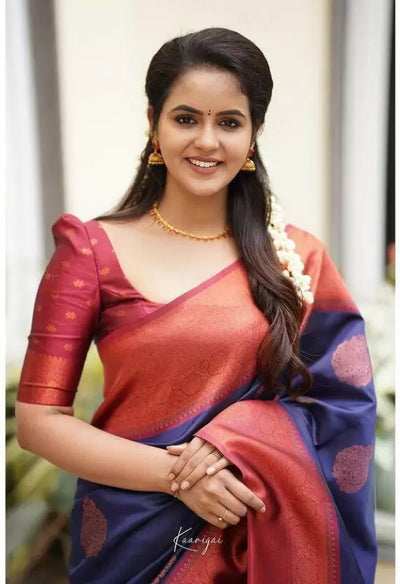 Blue & Maroon Jacquard Soft Lichi Silk Kanjivaram Saree