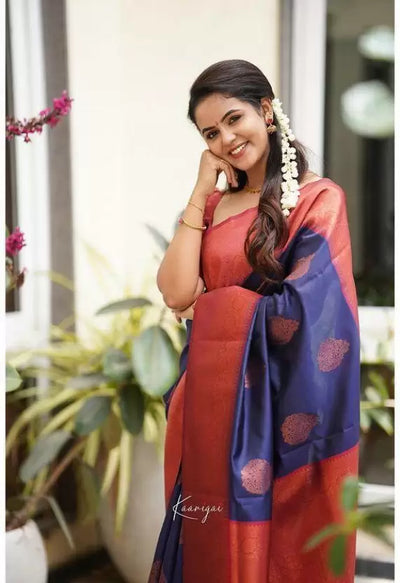 Blue & Maroon Jacquard Soft Lichi Silk Kanjivaram Saree