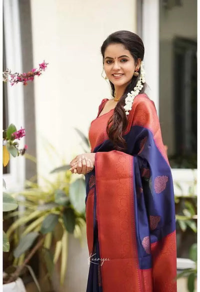 Blue & Maroon Jacquard Soft Lichi Silk Kanjivaram Saree