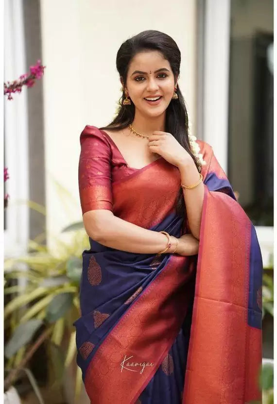 Blue & Maroon Jacquard Soft Lichi Silk Kanjivaram Saree