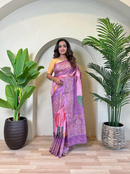Multi Design Bandhani Print Lavender Color Exclusive Saree
