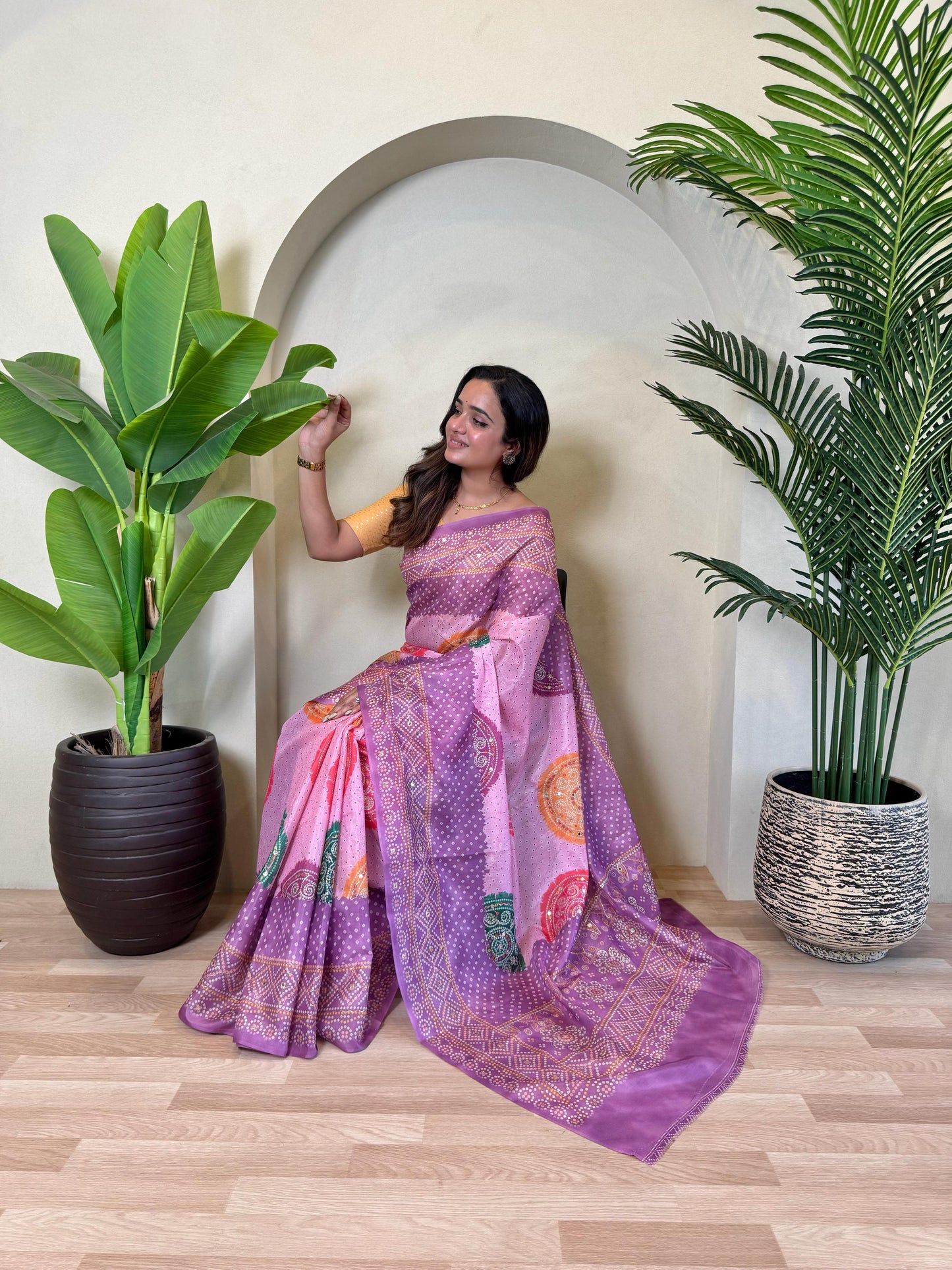 Multi Design Bandhani Print Lavender Color Exclusive Saree