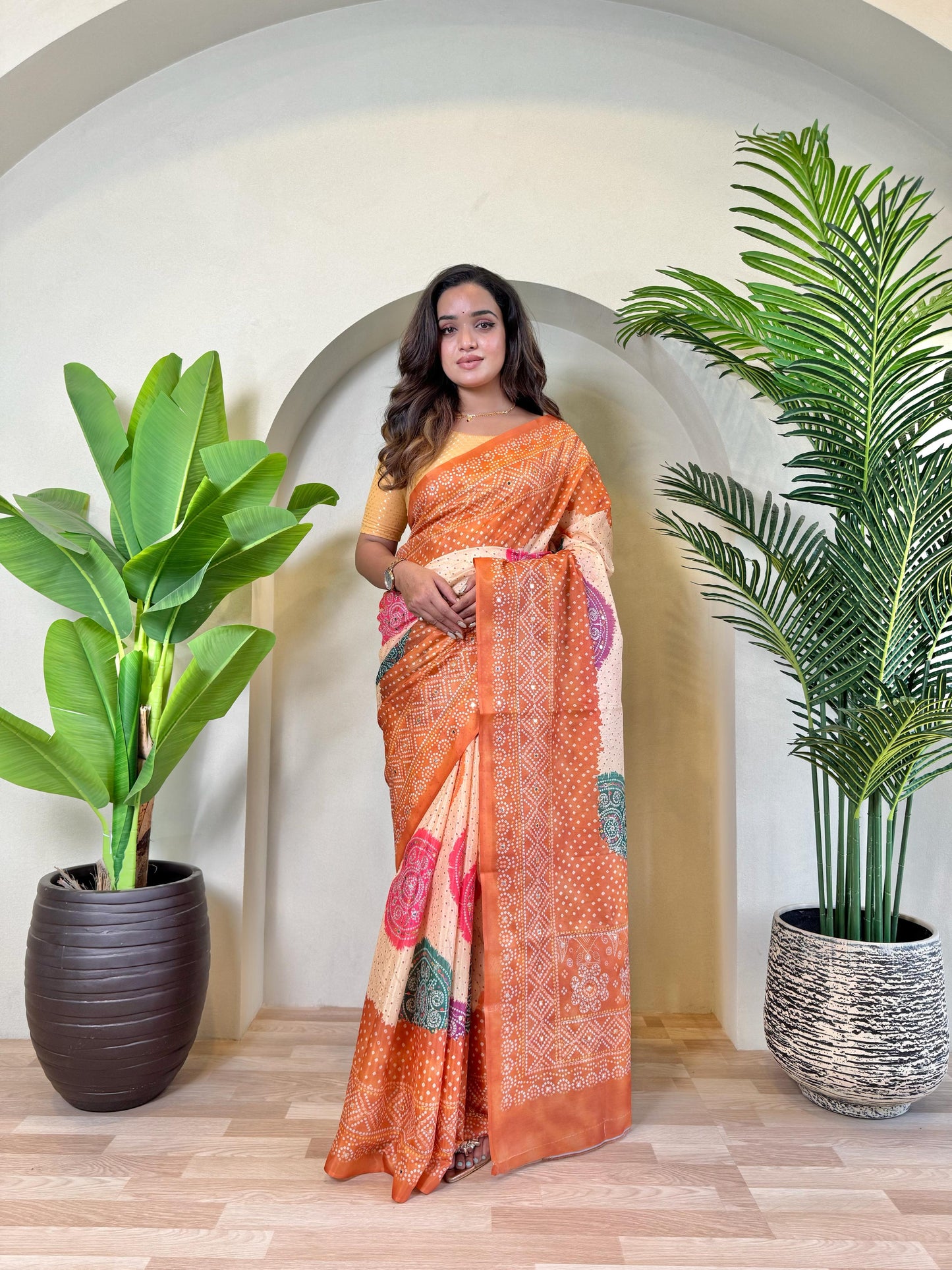 Multi Design Bandhani Print Orange Color Exclusive Saree